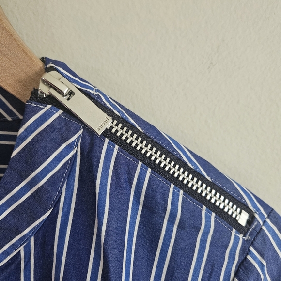 Sacai Blue Striped Cotton Pleated Detail Short Sleeve Blouse - Picture 6 of 12